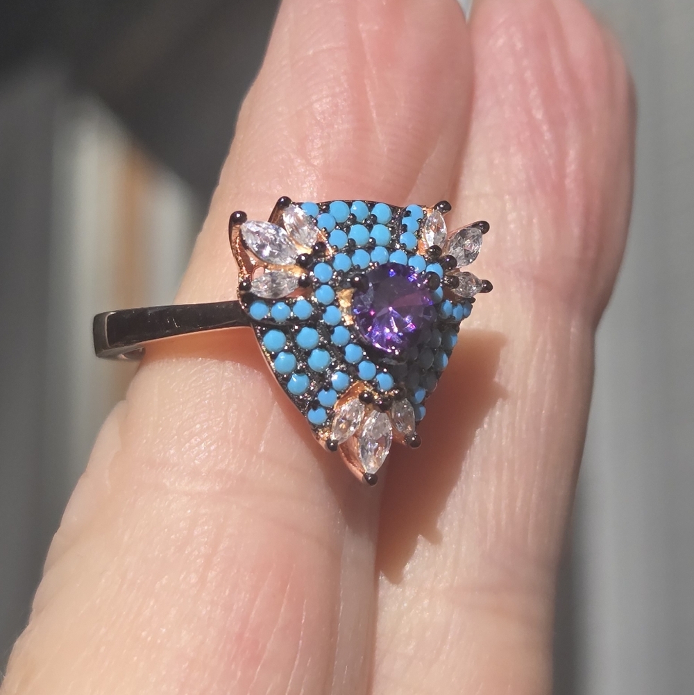 Amethyst Turquise & topaz Sterling & Rosegold Ring Sz8 - Picture 7 of 12